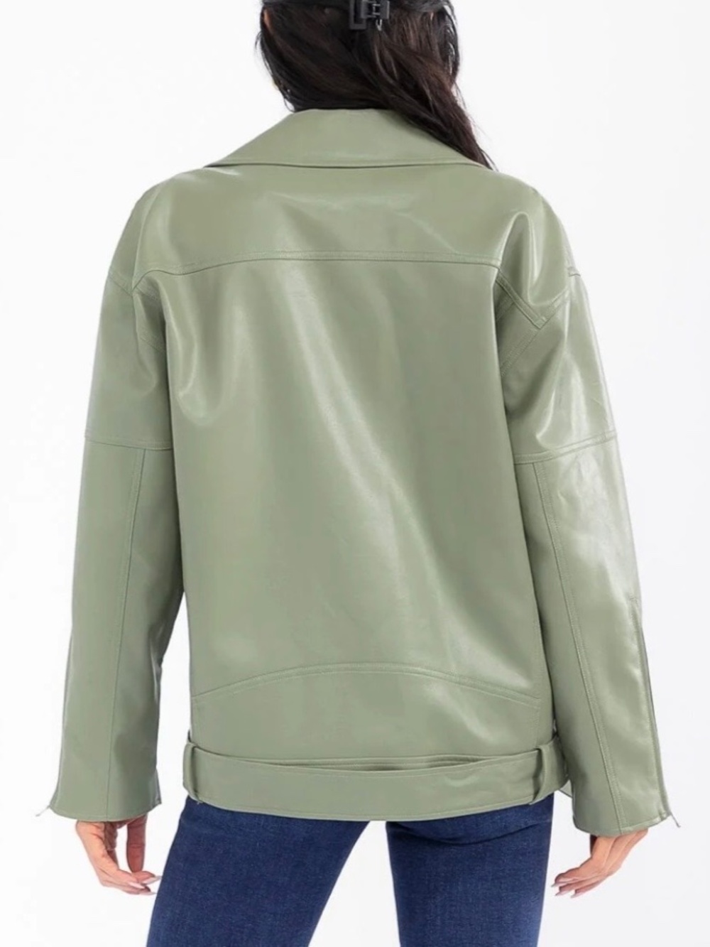 OLIVE GREEN ZIP UP FAUX LEATHER JACKET SIZE S/M - NWOT - Picture 5 of 16